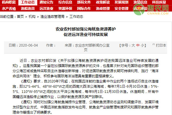 根据《农业农村部关于加强公海鱿鱼资源养护 促进我国远洋渔业可持续发展的通知》要求，自2020年7月1日起，我国首次在西南大西洋公海相关海域试行为期三个月的自主休渔。首次公海自主休渔，是我国针对尚无国际组织管理的部分公海区域渔业活动采取的创新举措，对促进国际公海渔业资源科学养护和长期可持续利用具有重要意义。据了解，本次休渔范围为32°S-44°S、48°W-60°W之间的西南大西洋公海海域，是我国远洋鱿鱼渔业的主要作业区域之一。休渔期间，包括鱿鱼钓、拖网渔船等在西南大西洋公海相应区域作业的所有中国籍远洋渔船均需停止作业。农业农村部将会同各地渔业主管部门和相关单位，对休渔期间远洋渔船进行严格管控，对违反休渔规定的远洋渔船和远洋渔业企业，将依法予以从重处罚。下一步，农业农村部将组织有关技术单位和专家，建立公海鱿鱼资源数据采集机制，跟踪监测和评价休渔实施效果，为动态调整休渔方案提供科学依据。此外，在东太平洋公海相关海域，将于9月1日起实施为期三个月的自主休渔。